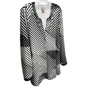 Chicos Easywear 3 Sz XL Cardigan Light Knit Single Button V-neck Art Deco Stripe